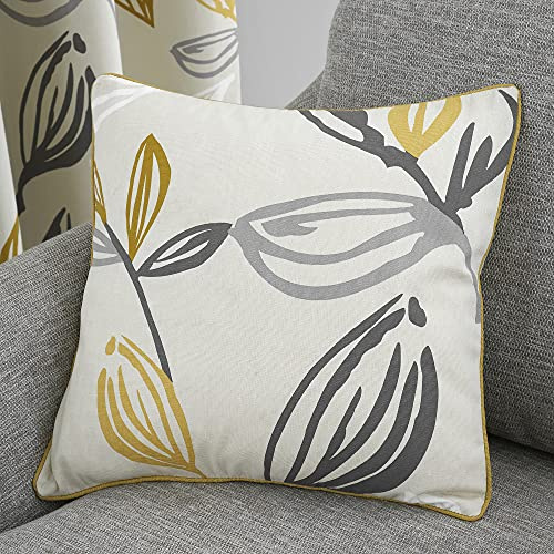 Fusion Leaf Print Cushion – 43x43cm – Grey & Ochre – Filled Scatter Pillow – Piped Edge – 100% Cotton Cover with Insert – Botanical Design – Decorative Sofa/Bed Cushion – Matching Curtains