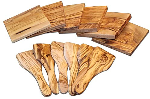 NATUREHOME Set di accessori per raclette da 12 pezzi: 6 raschietto per raclette e 6 padelline sottopentola in legno d'ulivo