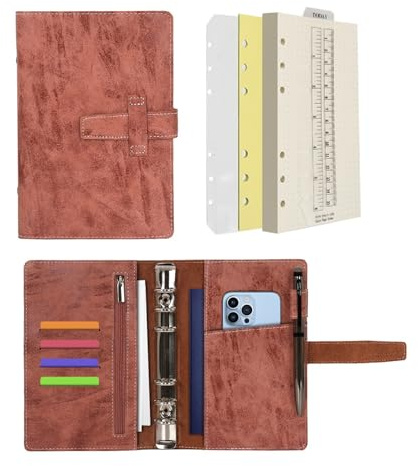 Wonderpool A6 Carpeta de Cuero 6 Anillas Papel Punteado Organizador Recargable Cuaderno de Escritura y Funda con Múltiples Bolsillos Para Viajes de Estudio de Negocios (A6, Marrón)