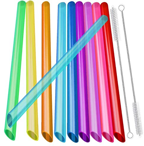 12 wiederverwendbare Boba-Smoothie-Strohhalme mit 2 Bürsten, 12 mm, mehrfarbige, BPA-freie Kunststoff-Strohhalme für Bubble Tea (Topioka, Perlen), Milchshakes, Säfte mit spitzen Spitzen.