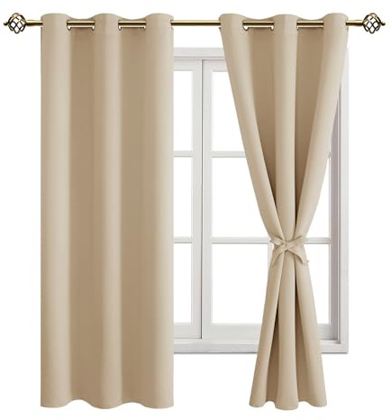 JIUZHEN Verdunklungsvorhänge Beige Vorhänge Blickdicht mit ösen H137xB117cm | 2er Set Thermo Gardinen Kurz gegen Kälte Verdunkelungsgardinen mit Raffhalter übergardinen Abdunkelnde UV-schutz Schlafzimmer