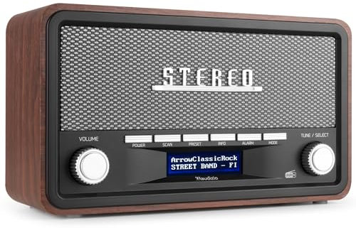 Audizio Foggia, Retro Radio, DAB Plus Radio, Bluetooth, Batterie- Netzbetrieb, Radiowecker, FM, 20 Speicherplätze, AUX, Alarm Küchenradio Vintage, Grau
