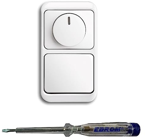 Busch Jäger 6523U-102 LED Drehdimmer Dimmer + Dimmerscheibe 6540-24G und Lichttaster 2020 US und 1786-24 in alpha studioweiß inklusive EBROM Phasenprüfer zur Montage der Geräte (6523 U – 102)