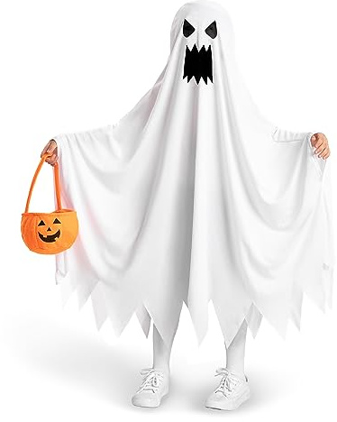 Spooktacular Creations barnspökdräkt, Halloween-spökdräkt, vit arg strimlad spökdräkt med pumpaficka för pojkar, flickor, Halloween-utklädnad, rollspel-3T