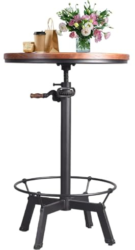 Diwhy Pub Set Industrial Style Adjustable Height 33.5-39.4in Dining Table Dia 23.6 Wooden Top with Handle Bar Table