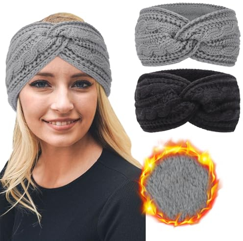 DRESHOW Stirnband Damen Winter Stirnbänder Strick, Haarband Ohrenwärmer, Dickes Fleecefutter Haarbänder Verdicken Headwrap Kopfband für Damen