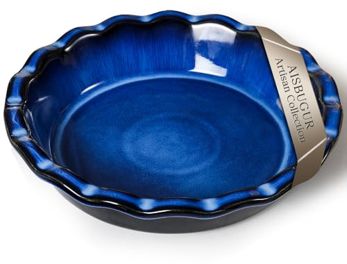 AISBUGUR Pie Pan for Baking 9 Inch Ceramic Pie Dish Quiche Baking Dish Non-Stick Dishwasher & Oven Safe (Reactive Glaze Blue)