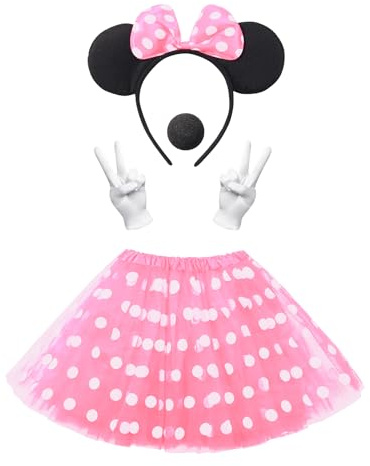 Clundoo dammus musdräkt tutu med vit prickad pannband med mus öron handskar näsa för karneval temafest cosplay fest, rosa