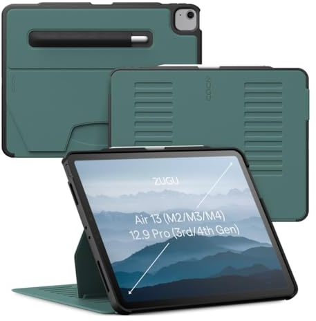 Zugu iPad Air 13 Tum Case (M4/M3/M2) 2026/2025/2024 & iPad Pro 12.9 (3/4 Gen), slimmat skyddshölje, trådlös Apple Pencil Laddning, 10-vinkels Magnetic Stativ Skal & automatisk vila/väckning [Tallgrön]