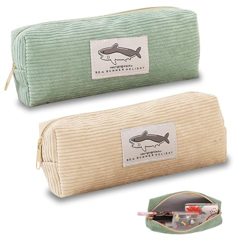 BSITSSS 2-Piece Large Study Case, Zip Smooth Pouch, Beige Multifunctional Pencil Pouch, Green Corduroy Case for Students/Children/Girls/Boys