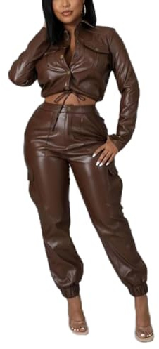 REASERAL Womens PU Leather Long Sleeve Outfits Jacket Button Top with Cargo Pants Six Pockets PU Leather Sets