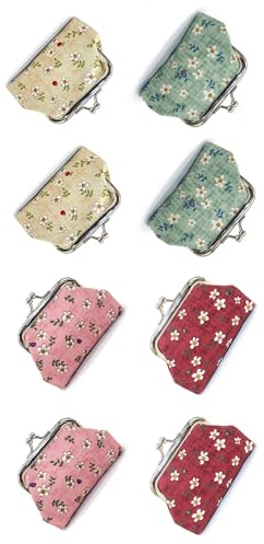 MIAO JIN 8Pcs Small Canvas Little Daisy Coin Purses Present Bag with Clasp Kiss Lock Change Pouch Mini Coin Wallet Vintage Trinkets Pouch