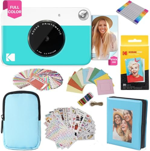 KODAK Printomatic Full-Color Instant Print Camera Gift Bundle + Soft Case + Zink 2x3 Sticky Back Photo Paper 20pk + Album + Sticker Sets + Sticker Frames + Markers + Hanging Frames, Fun Gift - Blue