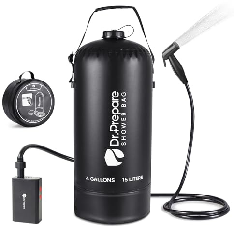 DR.PREPARE Portable Shower for Camping, 4 Gallons Camping Shower Bag, Portable Outdoor Shower with Pump for Hiking, Climbing, Pet Cleaning, Car Washing, Beach & Emergency