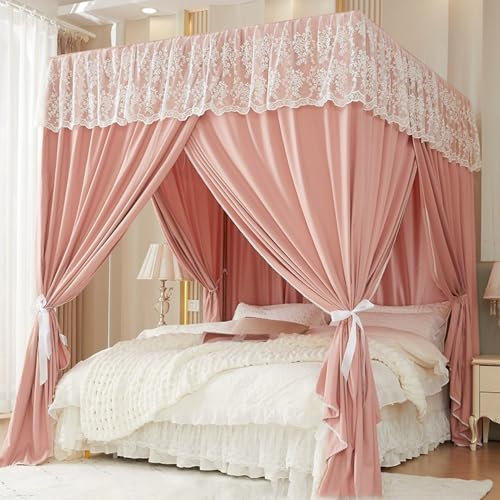 Bed Tent Betthimmelvorhänge mit 4 Eckpfosten Im Prinzessinnen-Stil, Bettvorhänge nit 3 Türen für Erwachsene Mädchen und Jungen, Süßer Betthimmel mit Rüschenbesatz, Rahmen aus Edelstahl(Pink,1.5m(4.9ft