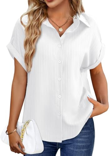 Tanmolo Bluse Damen Sommer Shirt Kurzarm Oberteile V-Ausschnitt Sommerbluse Lässiges Hemd zum Knöpfen Tops Elegantes Damenblusen Weiß, M