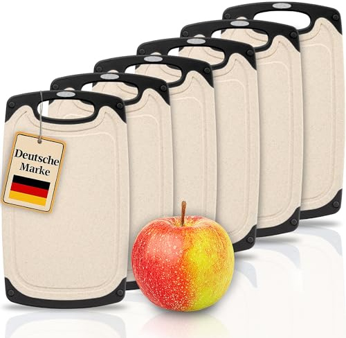 6 kleine Frühstücksbrettchen aus Kunststoff, 25x15 cm, Schneidebrett Set,spülmaschinenfest, beidseitig, rutschfest mit Saftrille,Brotzeitbrett, Küchenbrett,creme Brettchen mit schwarzem Rand