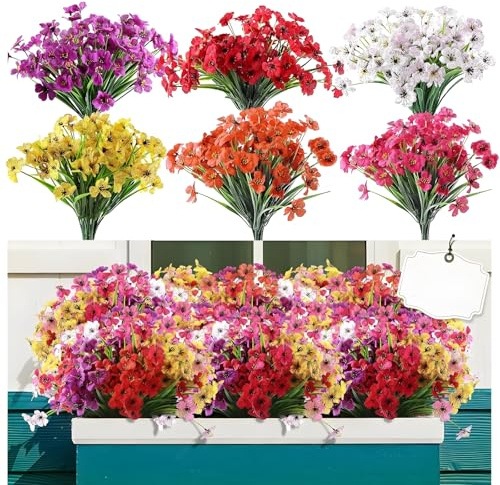 XMDROU Outdoor Artificial Flowers, 6 Bundles UV Resistant Greenery Shrubs Plants, 6 Colours No Fade Fake Plastic Faux Silk Flowers for Indoor Outside Garden Porch Hanging Planters Decoration