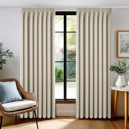 Deconovo Tende Oscuranti 100% con Nastro Arricciatore – Set di 2 Pannelli 140x175 cm Beige, Tende per Interni Moderne per Camera da Letto e Soggiorno