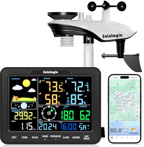 Sainlogic Station Météorologique Intelligente Sans Fil WiFi, Prévision Météo IA 24/7 Weatherseed®, Alerte App/Courriel, Anémomètre et Pluviomètre Numériques, Stockage de Données de 2 Ans