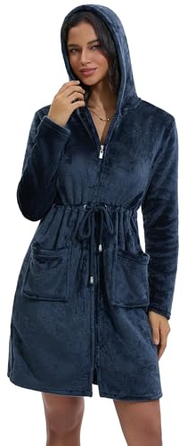 Mnamo Damen Fleece Bademantel mit Kapuze und Reißverschluss Ganzjährig | Reißverschluss für schnelles An- & Ausziehen. Ideal nach Baden,Schlafen & Zuhause. Geschenk. Weicher Fleece.