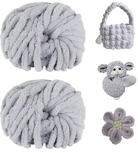 Lana Gruesa para Tejer a Mano, 2 Piezas 500g Hilo de Chenilla para Crochet Grueso, Ovillo Lanas Gruesa para Tejer Mantas, Almohadas, Bufandas y Gorros (Gris clair)
