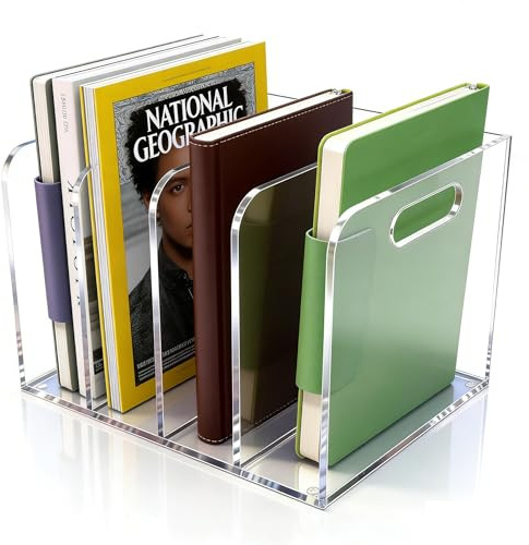 AIDIMOO 5mm Acrylic Magazine File Holder, 4 Compartment Desk Organizer | 4 spacious vertical compartments hold magazines, files, books & more. 5mm thick clear acrylic, non-slip base. No assembly.