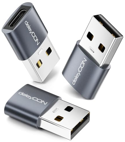 deleyCON Adattatori USB-C (3 Pezzi) - Presa USB-C a Spina USB-A - per iPhone Serie 17/16/15, iPad, Galaxy Serie S25/S24/S23, A56, A16, Laptop, Notebook, CarPlay, Caricatore ecc.