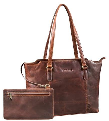 STILORD Livia Leder Shopper Tasche Damen Groß – 2-teiliges Handtaschen Set mit Clutch oder Geldbörse Elegante Ledertasche für Business und Alltag Schultertasche Echtleder Farbe:kara - cognac
