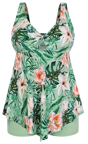 Hanna Nikole Tankini damset stora storlekar tvådelad magkontroll baddräkt cut out tankini-toppar med badshorts push up badmode justerbara badkläder crossover baddräkt elegant strandmode, Gröna blad