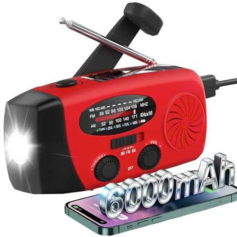 Wind Up Radio Solar, Battery, Torch - 6000mah Rechargeable Portable Emergency Hand Crank Radios with AM/FM/WB NOAA Weather SOS Alarm, USB Phone Charger for Camping Hiking, Red