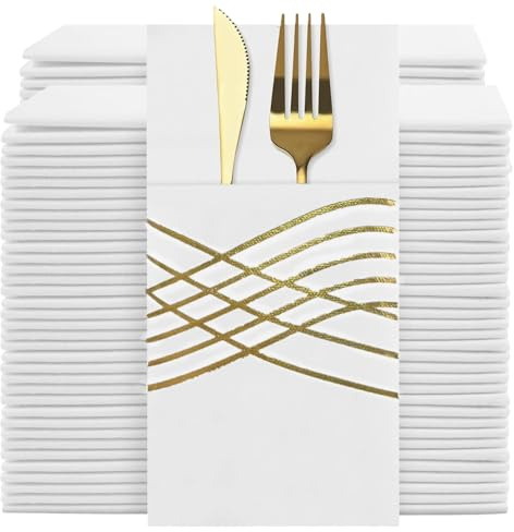 YIDUHAO Disposable Napkins with Built-in Flatware Pocket, Pre-Folded Party Napkins,Gold Stamping 100pcs