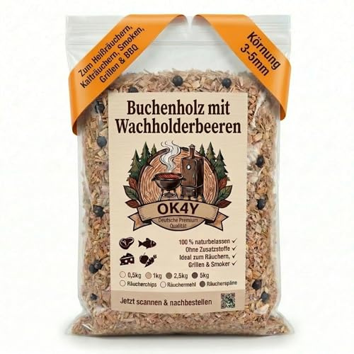 ok4y Räuchermehl Buche mit Wacholder – Räucherspäne - Räucherchips aus Buchenholz für Smoker & Kalträuchern – klassisches Aroma – für Fisch, Fleisch, Wurst, Käse & Gemüse (Räucherspäne, 2,5 kg)