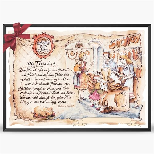 Die Staffelei Geschenk Fleischer A4 (29,7cm x 21cm) mit Wunschtext | Witziges Gedicht mit liebevoller Zeichnung auf hochwertigem Papier/besondere Geschenkidee