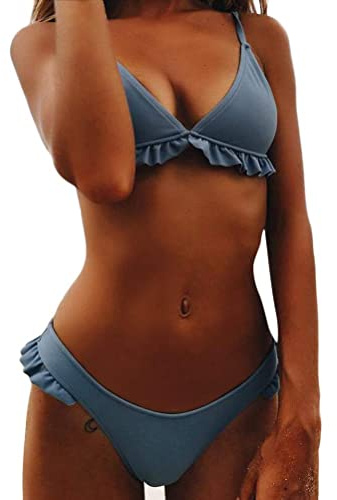 Onsoyours Femmes Bikini 2 Pieces Bandage Maillot de Bain avec Volants Ajustable Bandeau Bandage Bikini Bresilien Sexy Push Up Swimwear De Plage Marine FR 34