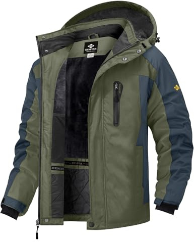 GEMYSE Uomo Giacca da Sci Montagna Impermeabile Antivento Cappotto Invernale Giubbotto da Neve con Cappuccio(Esercito Verde Grigio,S)