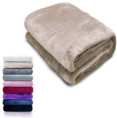 HTE Manta Microfibra Suave para Sofá y Cama, Super Caliente para Adulto y Niño,Sin Arrugas (Beige, 220 x 240 cm)
