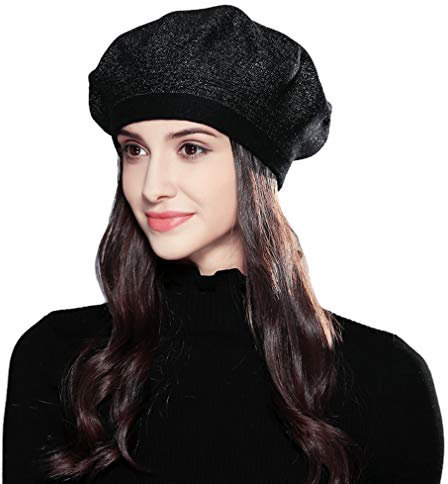 XINQIAO Damen Baskenmützen Stricken Kaschmir Nobel Strasssteine Mode Künstler Hüte（Black）