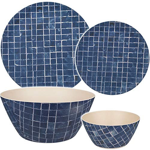 alles-meine.de GmbH 4 TLG. Geschirr Set - Kunststoff - 2 Teller + Schale + Schüssel - Retro & Nostalgie Design - blau/Creme - BPA frei - rund Kunststoffteller/Kunststoffschal..