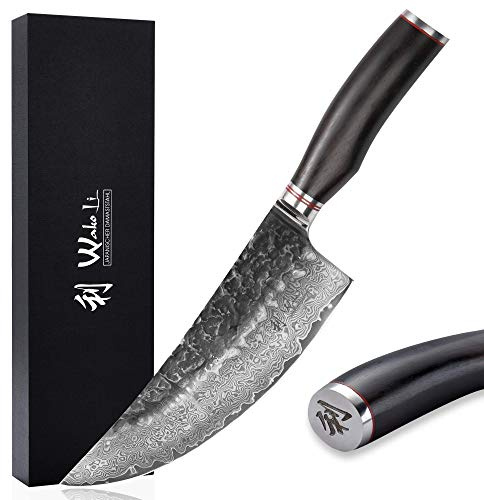 Wakoli EBO Kochmesser 20 cm, breite Klinge, 67 Lagen Damaststahl, VG10-Kern | Hammerschlag, schwarzer Eichenholzgriff, V-Schliff mit 15° je Seite, 60 ± 2 HRC, für Rechts- und Linkshänder, mit Geschenkbox