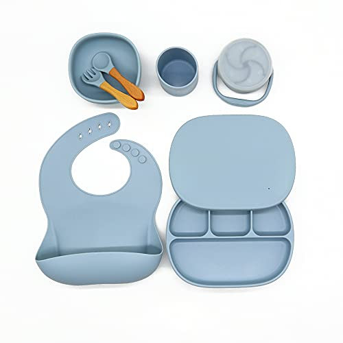 Juego de alimentación para bebés | Plato de bebé, taza, taza, cuchara, tenedor, taza de aperitivo, tapa, silicona y materiales de madera (azul oscuro)