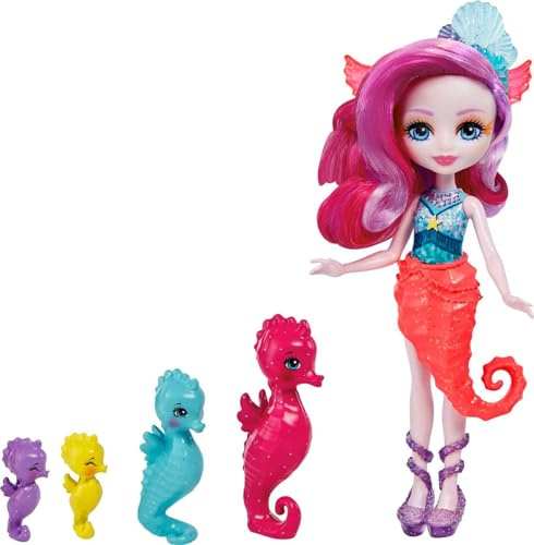Enchantimals Royaume de l'océan Coffret Famille de Sedda Hippocampe avec Mini-poupée Sedda et 4 Mini-Figurines hippocampes, Jouet pour Enfant, HCF73