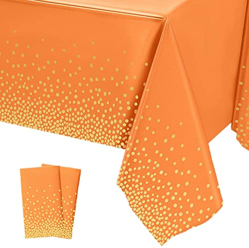YAAVAAW 2 Piezas 137 * 274cm Mantel Desechable con Naranja y Punto Dorado,Mantel de Plastico Rectangular y Antimanchas,Decoración de Mesa para Cumpleaños Infantil,Exterior Jardin,Fiesta,Bodas,Navidad