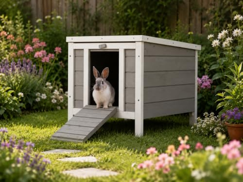 Bunny Business Wooden Grey hide house, run shelter for rabbits and Guinea Pigs Rabbit hutch rabbit hutches and runs 50 x 42 x 43cm (Grey-Hide)