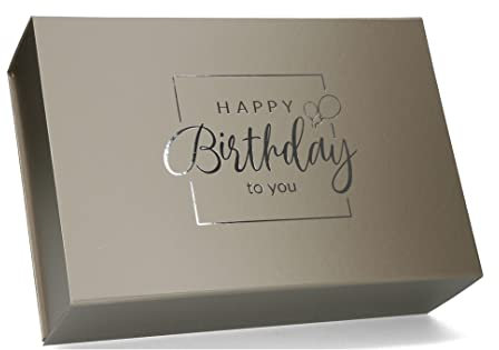 ideas in boxes Premium Geschenkbox Geburtstag, Geschenkkarton, Magnetbox, Magnetfaltbox, Geschenkverpackung für Geburtstag mit Schriftzug, 33x22x10cm, Taupe matt mit Silber