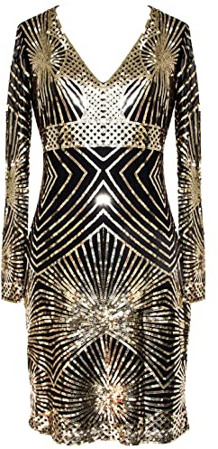 MISSCHEN Women's V Neck Bodycon Midi Sequin Long Sleeve Evening Cocktail Dress Black Gold XL