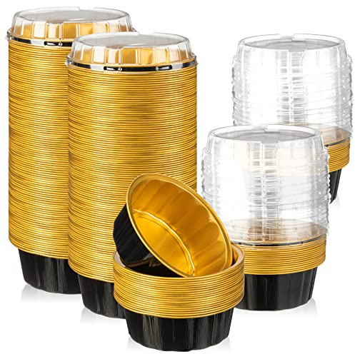 Tessco for you 100 Pcs Disposable Ramekins with Lids 8 oz Creme Brulee Ramekin Aluminum Foil Cup Cupcake Liner Baking Valentines Disposable Muffin Tin Pan Cheesecake Container (Black,Gold)