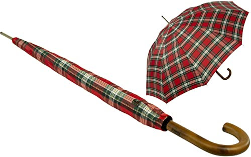 iX-brella Parapluie automatique pour homme avec poignée ronde en bois véritable, Carreaux/rouge, 113 cm, Parapluie XXL automatique