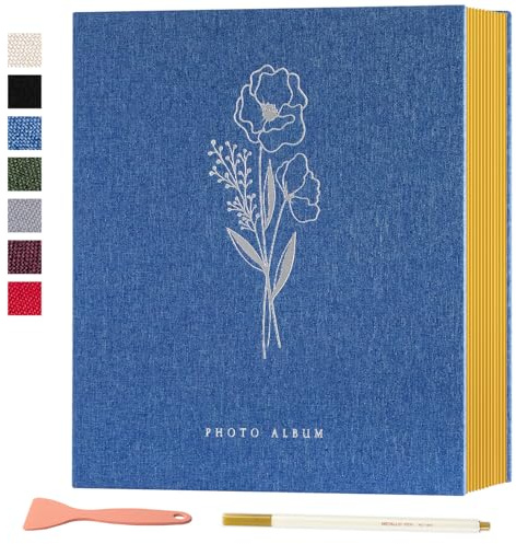 Lanpn Album photo Autoadhesif scrapbooking, Album Photo Adhesif Magnétique en Lin avec stylos pour 10x15cm 13x18cm A4 A5 (Grandes-20 feuilles/40 pages, Bleu)