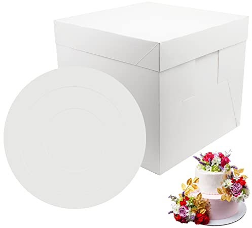 PHULWEL 2 Stück Tortenschachtel mit Tortenbrett für Stufenkuchen, Weiß Tortenkarton mit Kuchenbrett Cake Board, Einweg-Tortenbehälter - 30*30*25.4cm